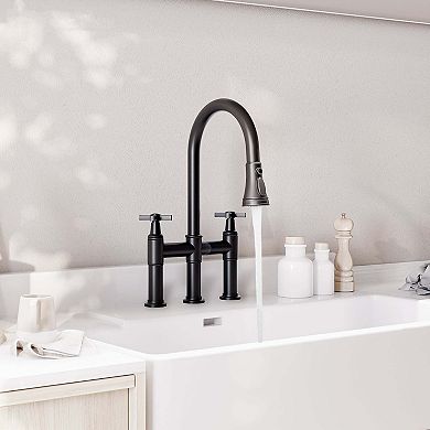 Mondawe 8" 3 Function High Arc Bridge Pull Down Kitchen Faucet with 360 Swivel Spout