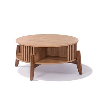 LuxenHome Round Coffee Table with Storage 31.5" Oak Finish Wood Center Accent Tables with Wood Legs