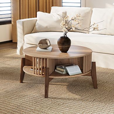 LuxenHome Round Coffee Table with Storage 31.5" Oak Finish Wood Center Accent Tables with Wood Legs