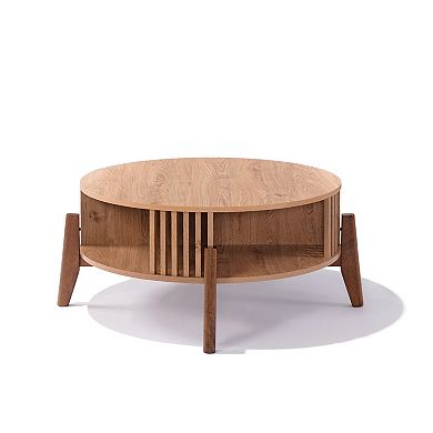 LuxenHome Round Coffee Table with Storage - Oak Finish