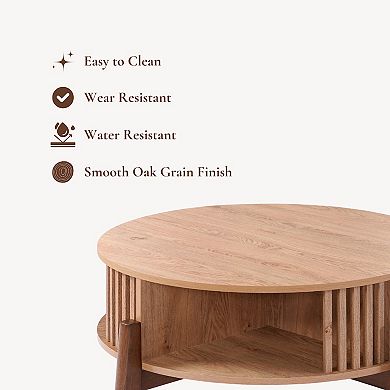 LuxenHome Round Coffee Table with Storage 31.5" Oak Finish Wood Center Accent Tables with Wood Legs