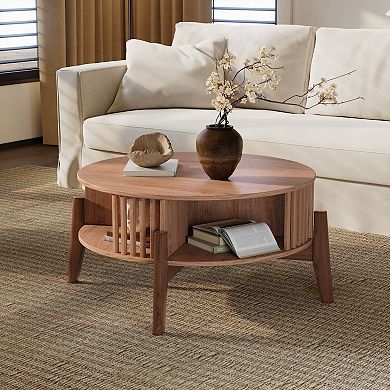 LuxenHome Round Coffee Table with Storage - Oak Finish