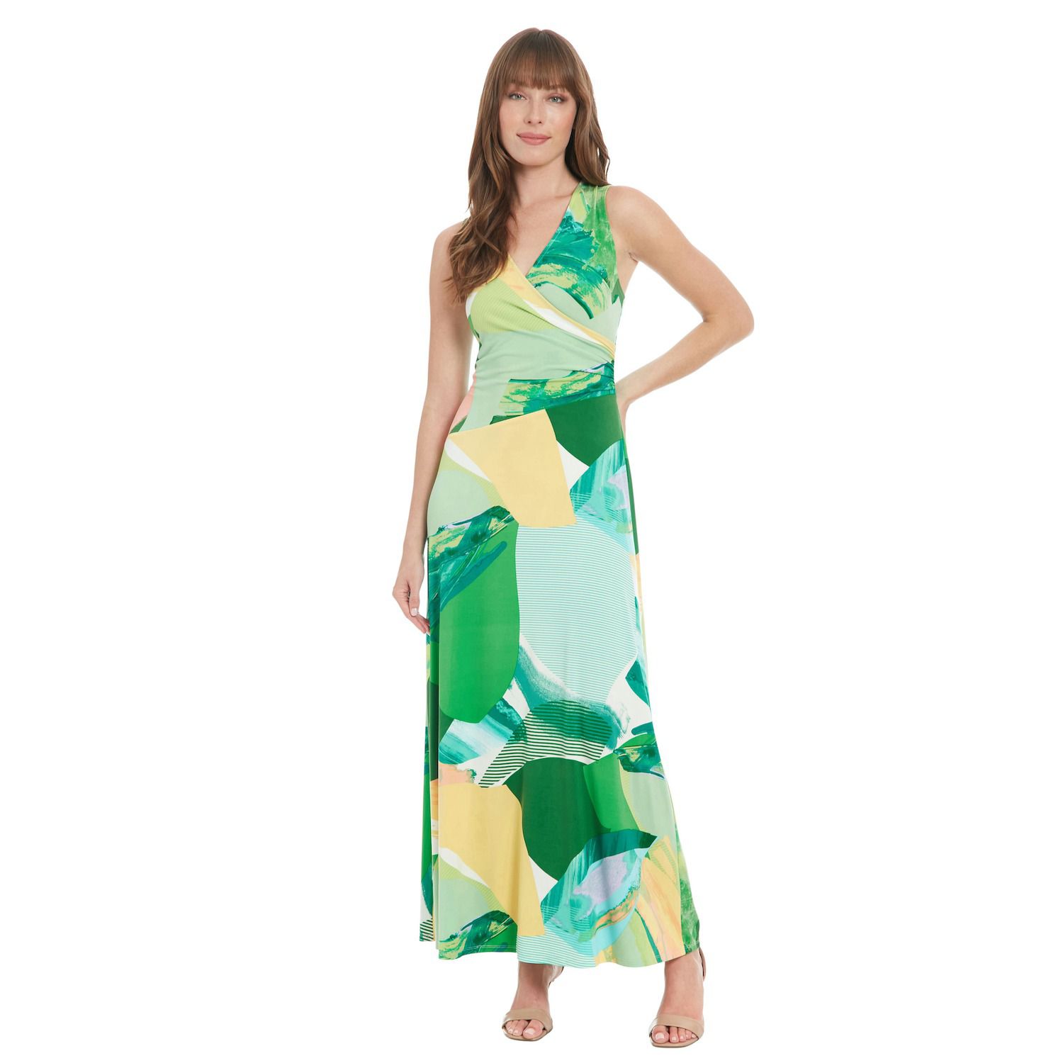 Женское платье London Times Shirred Warp Sleeveless Maxi, цвет: Белый зелёный — фото 1