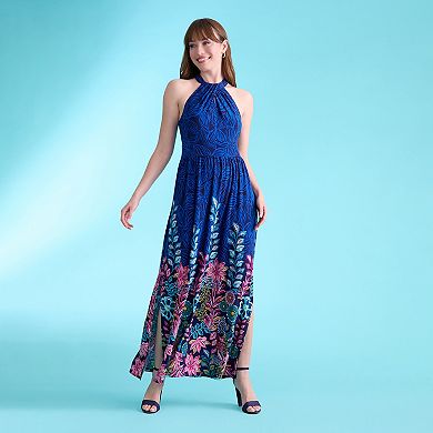 Women's London Times Shirred Halter Keyhole Maxi Dress