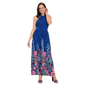 Women's London Times Shirred Halter Keyhole Maxi Dress