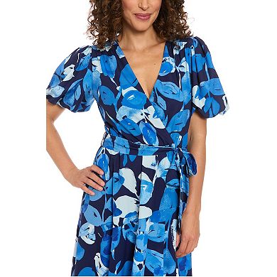 Women's London Times Bubble Sleeve Surplice Midi Wrap Dress