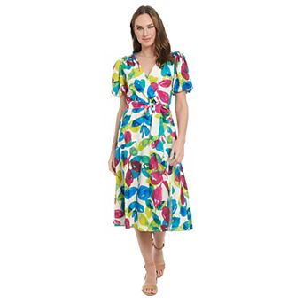 Women's London Times Bubble Sleeve Surplice Midi Wrap Dress