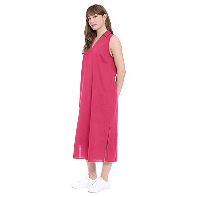 Women's London Times Collared Popover Linen Maxi Dress
