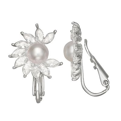 Napier Silver Tone Cubic Zirconia Simulated Pearl Clip-On Drop