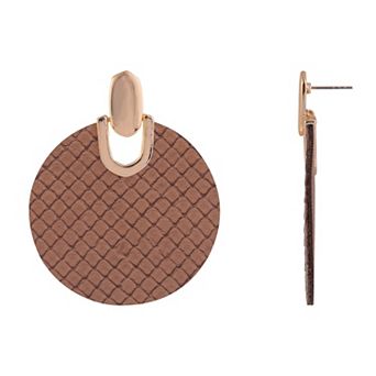 Emberly Gold Tone Brown Faux Leather Disc Nickel Free Earrings