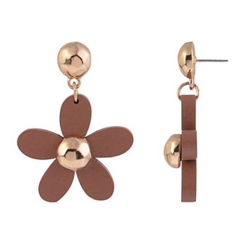 Emberly Gold Tone Brown Faux Leather Flower Nickel Free Drop Earrings