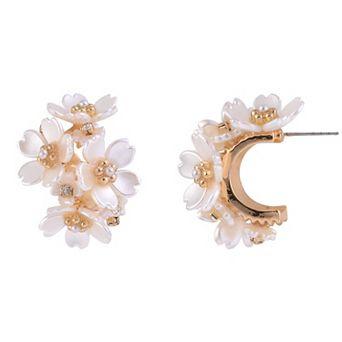 Emberly Gold Tone White Flower Nickel Free C-Hoop Earrings