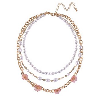 Emberly Gold Tone Simulated Pearl & Flower 3-Row Layered Necklace