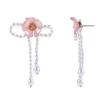 Emberly Simulated Pearl & Pink Flower Linear Nickel Free Earrings