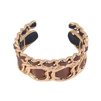 Emberly Gold Tone Brown Faux Leather Cuff Bracelet