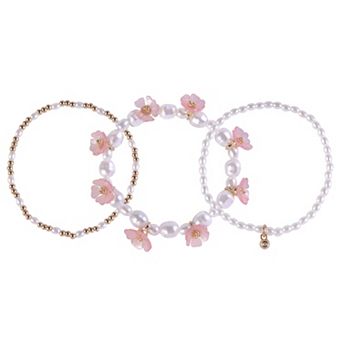 Emberly Gold Tone Pink Flower & Simulated Pearl 3 pc Stretch Bracelet Set