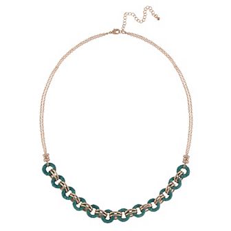 Emberly Gold Tone and Green Round Link Long Necklace