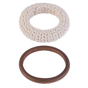 Emberly Brown Wood and White Crochet Wrapped Bangle Set