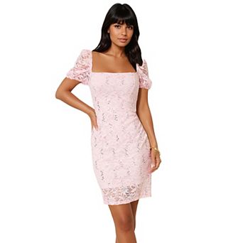 Juniors' bebe Puff Sleeve Lace Bodycon Dress