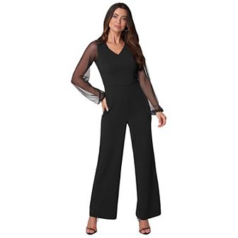 Women's bebe V-Neck Jumpsuit With Powermesh Sleeve
