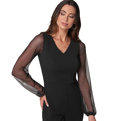 Women's bebe V-Neck Jumpsuit With Powermesh Sleeve