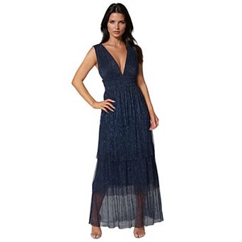 Women's bebe Tiered Plunge Neck Lurex Midi Dress