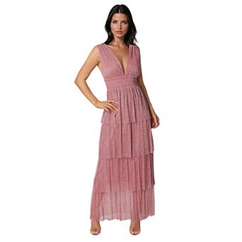 Women's bebe Tiered Plunge Neck Lurex Midi Dress
