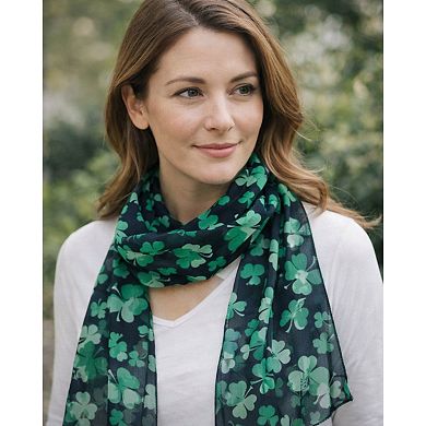 CTM Women's Lightweight Satin St. Patrick's Clover Leaf Print Scarf