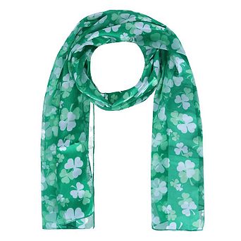 CTM Women's Lightweight Satin St. Patrick's Clover Leaf Print Scarf