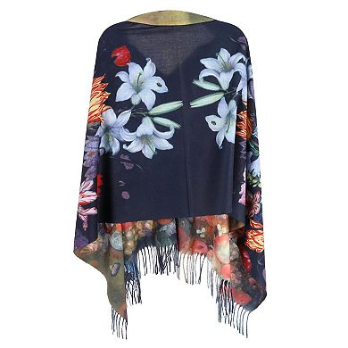 The Magic Scarf Company Women's Reversible Sueded Floral Art Print Button Shawl