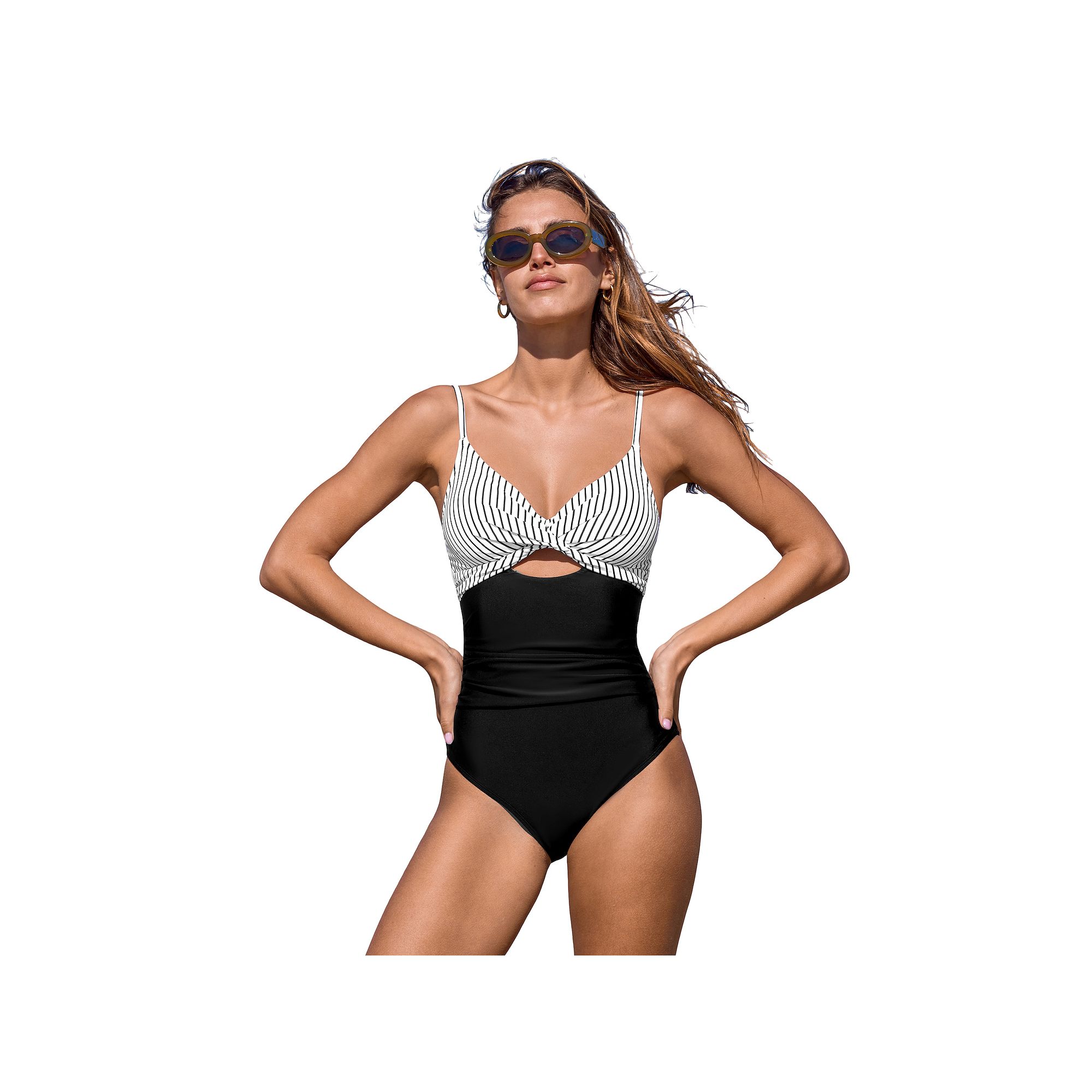 Womens Cupshe Twist Front Cutout Ruched One-Piece Swimsuit, Size: XL, Blac