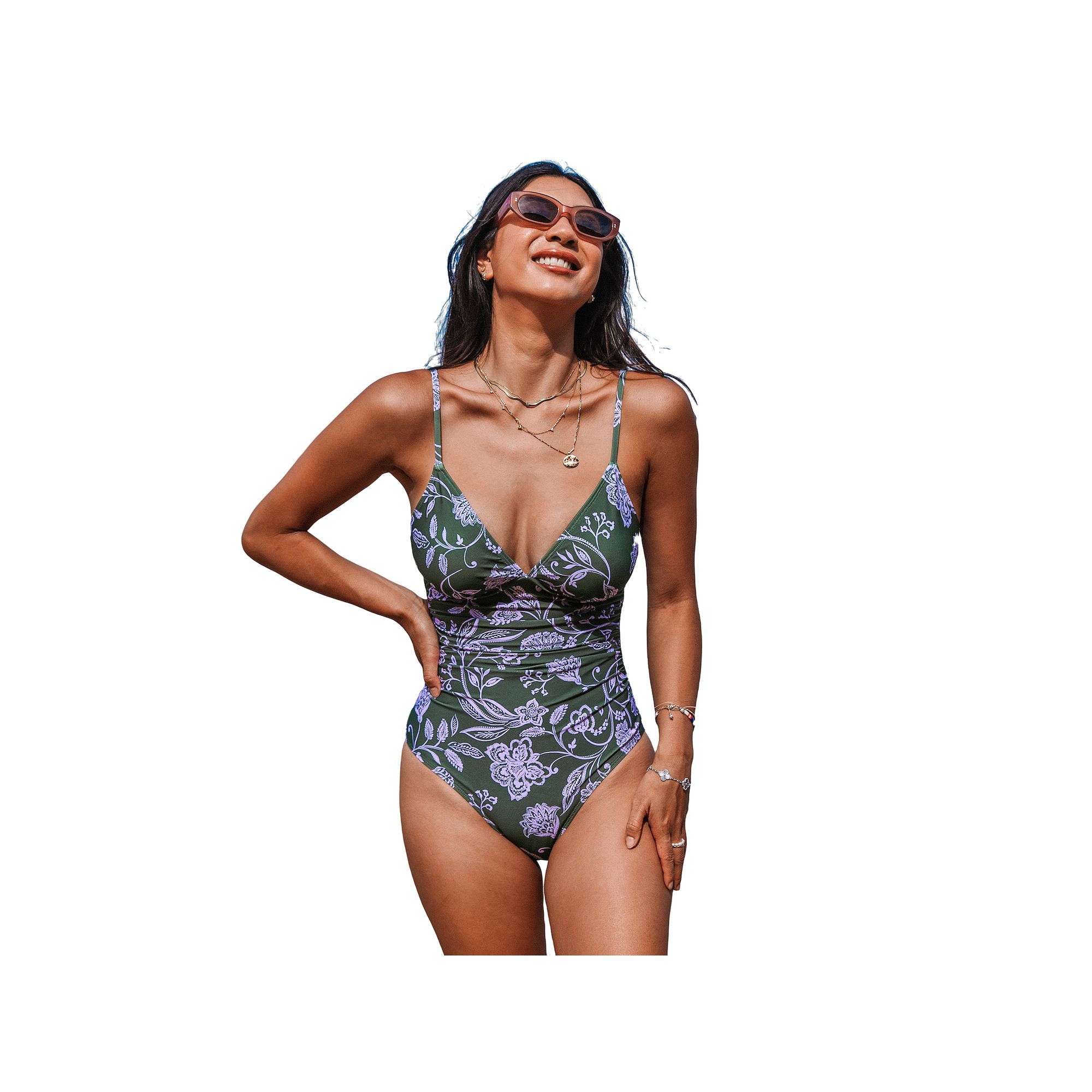 Womens Cupshe Tummy Control Ruched V-Neck One-Piece Swimsuit, Size: Medium