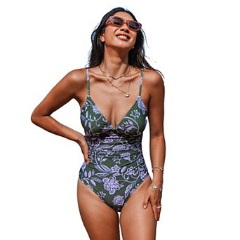Women's Cupshe Tummy Control Ruched V-Neck One-Piece Swimsuit