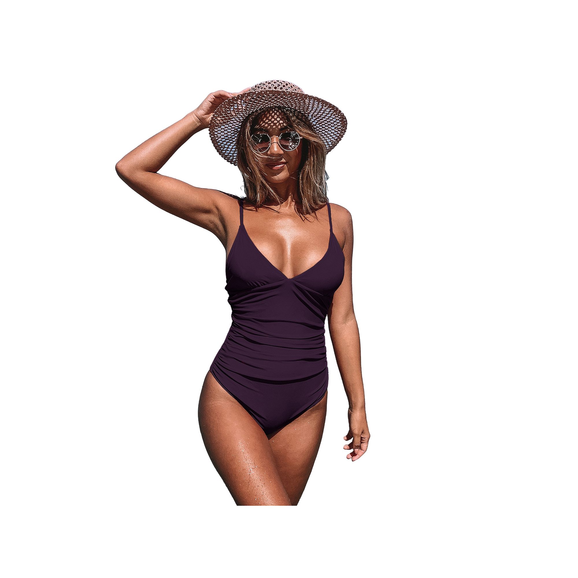Womens Cupshe Tummy Control Ruched V-Neck One-Piece Swimsuit, Size: Medium