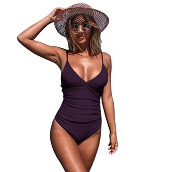 Women's Cupshe Tummy Control Ruched V-Neck One-Piece Swimsuit