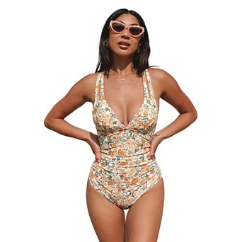 Women's Cupshe Floral Ruched Crossback One-Piece Swimsuit