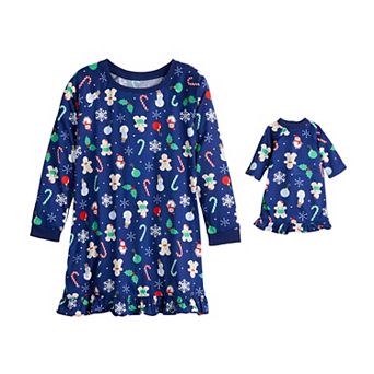 Girls 4-14 Jammies For Your Families® Holiday Jumble Pajama Gown & Matching Doll Gown Set