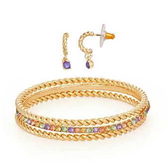 Napier Gold Tone Box Elevated Bangle Bracelet & Earrings Set