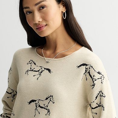 Women's Chelsea & Theodore Long Sleeve Crewneck Horse Pattern Sweater