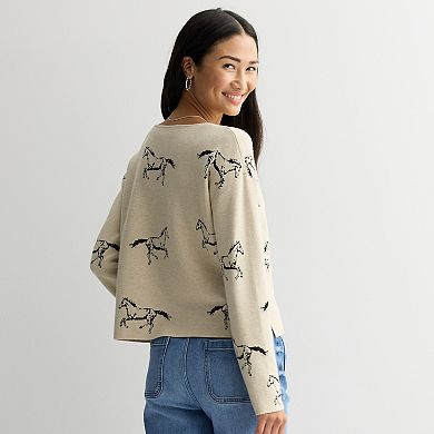 Women's Chelsea & Theodore Long Sleeve Crewneck Horse Pattern Sweater
