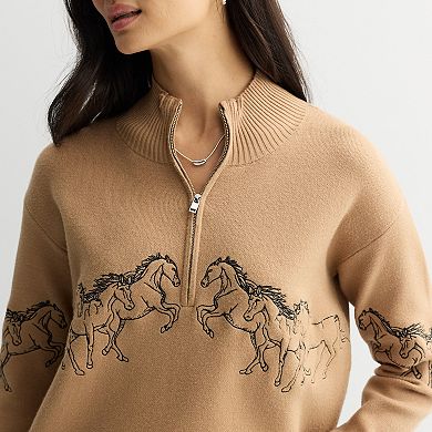 Women's Chelsea & Theodore Half Zip-Up Pullover with Embroidered Horses