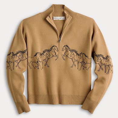 Women's Chelsea & Theodore Half Zip-Up Pullover with Embroidered Horses