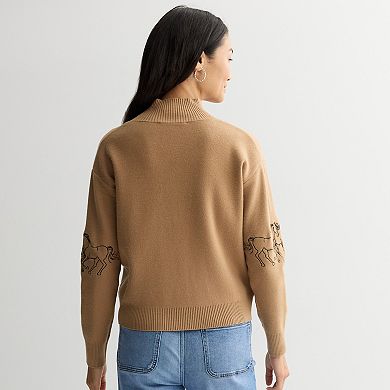 Women's Chelsea & Theodore Half Zip-Up Pullover with Embroidered Horses