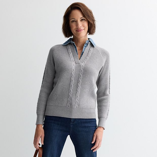 Women's Chelsea & Theodore Raglan Sleeve V-Neck Denim Collar Sweater
