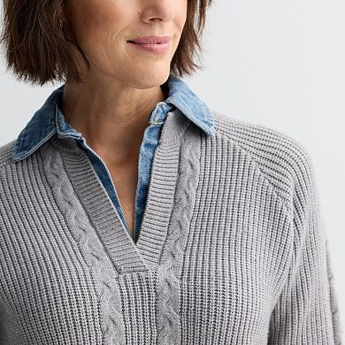 Women's Chelsea & Theodore Raglan Sleeve V-Neck Denim Collar Sweater