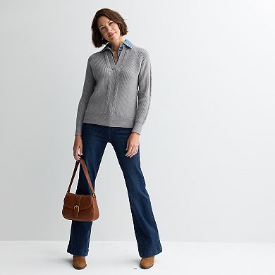 Women's Chelsea & Theodore Raglan Sleeve V-Neck Denim Collar Sweater