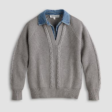 Women's Chelsea & Theodore Raglan Sleeve V-Neck Denim Collar Sweater