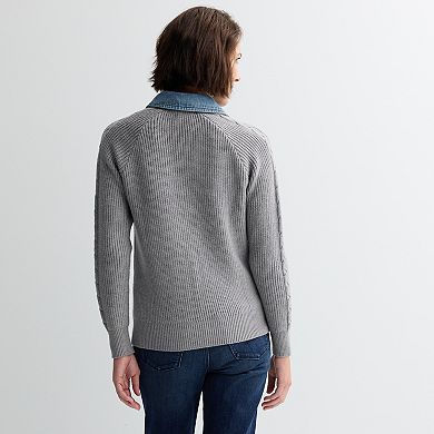 Women's Chelsea & Theodore Raglan Sleeve V-Neck Denim Collar Sweater