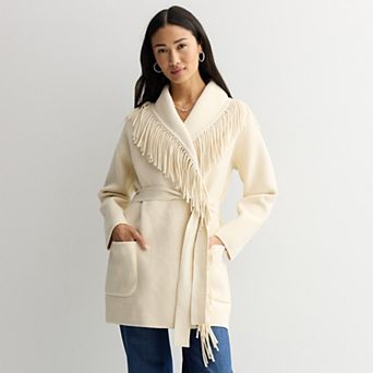 Women's Chelsea & Theodore Fringed Shawl Collar Coat with Pockets & Belt Tie Front
