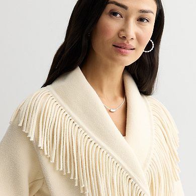 Women's Chelsea & Theodore Fringed Shawl Collar Coat with Pockets & Belt Tie Front